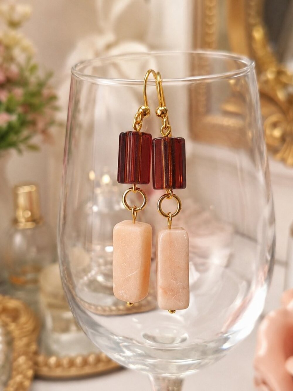 Minimalist Pink Opal Rectangle & Purple Glass Cylinder Earrings, 24k Gold Plated